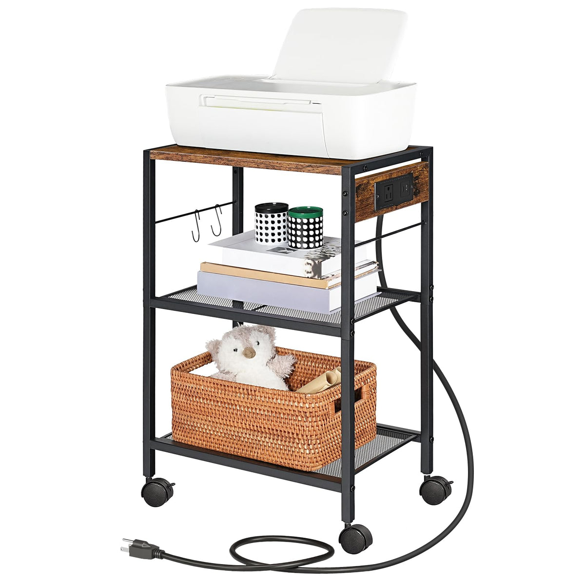 HOOBRO Industrial Printer Stand, 3-Tier Mobile Printer Table, Rolling Cart with Power Outlets and USB Ports, Home Printer Stand with 2 Hooks, for Office, Living Room, Rustic Brown BF22UPS01
