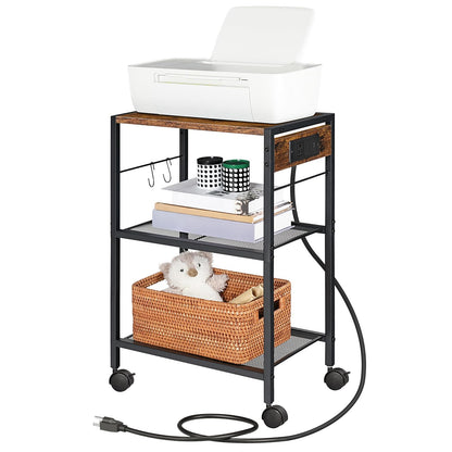 HOOBRO Industrial Printer Stand, 3-Tier Mobile Printer Table, Rolling Cart with Power Outlets and USB Ports, Home Printer Stand with 2 Hooks, for Office, Living Room, Rustic Brown BF22UPS01
