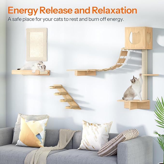 Cat tree with shelves and a cat sitting on it, with text about energy release and relaxation.