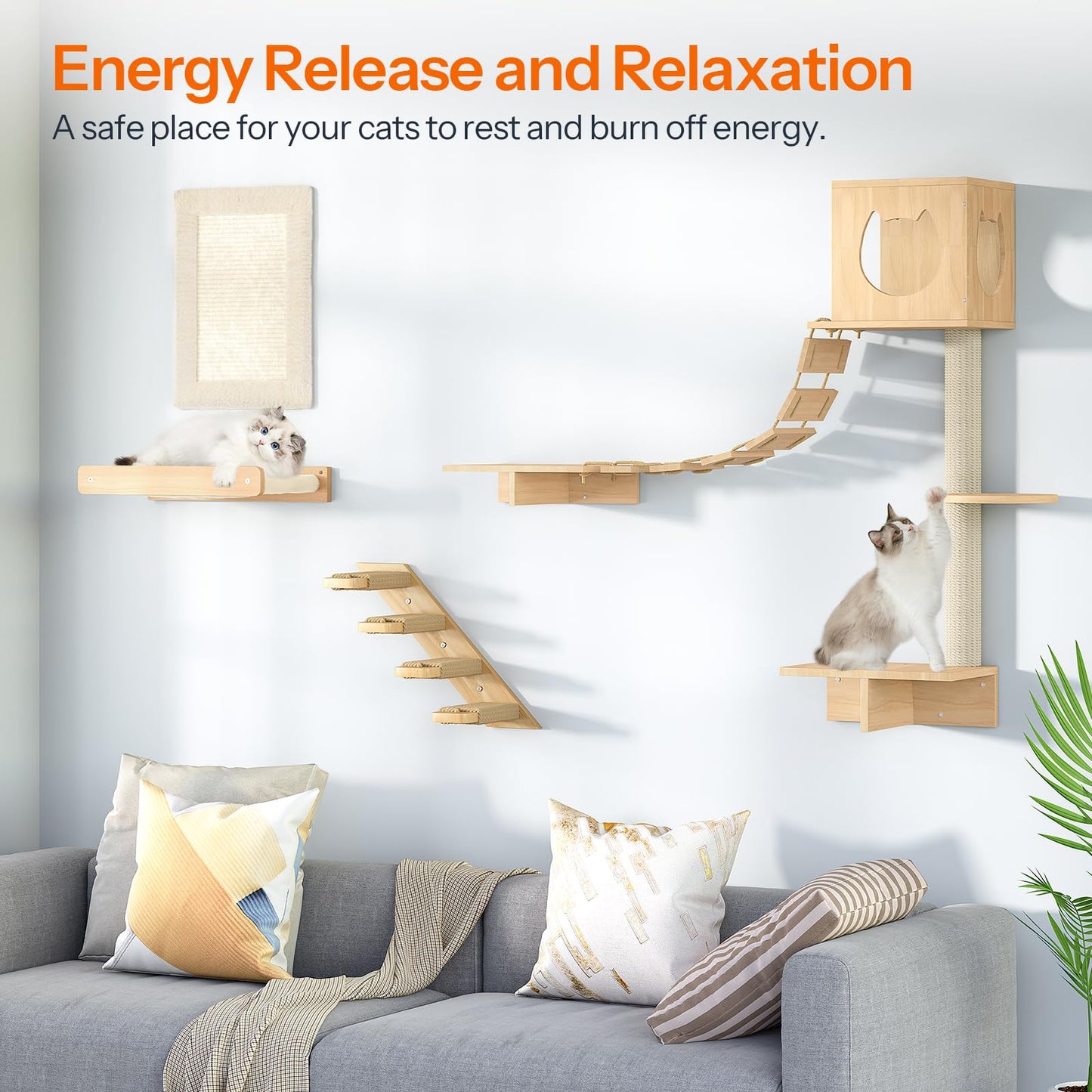 HOOBRO Natural 5-Piece Modern Cat Wall Furniture Set with Hallway & Plush Hammock & Steps & Scratching Post & Climbing Frame