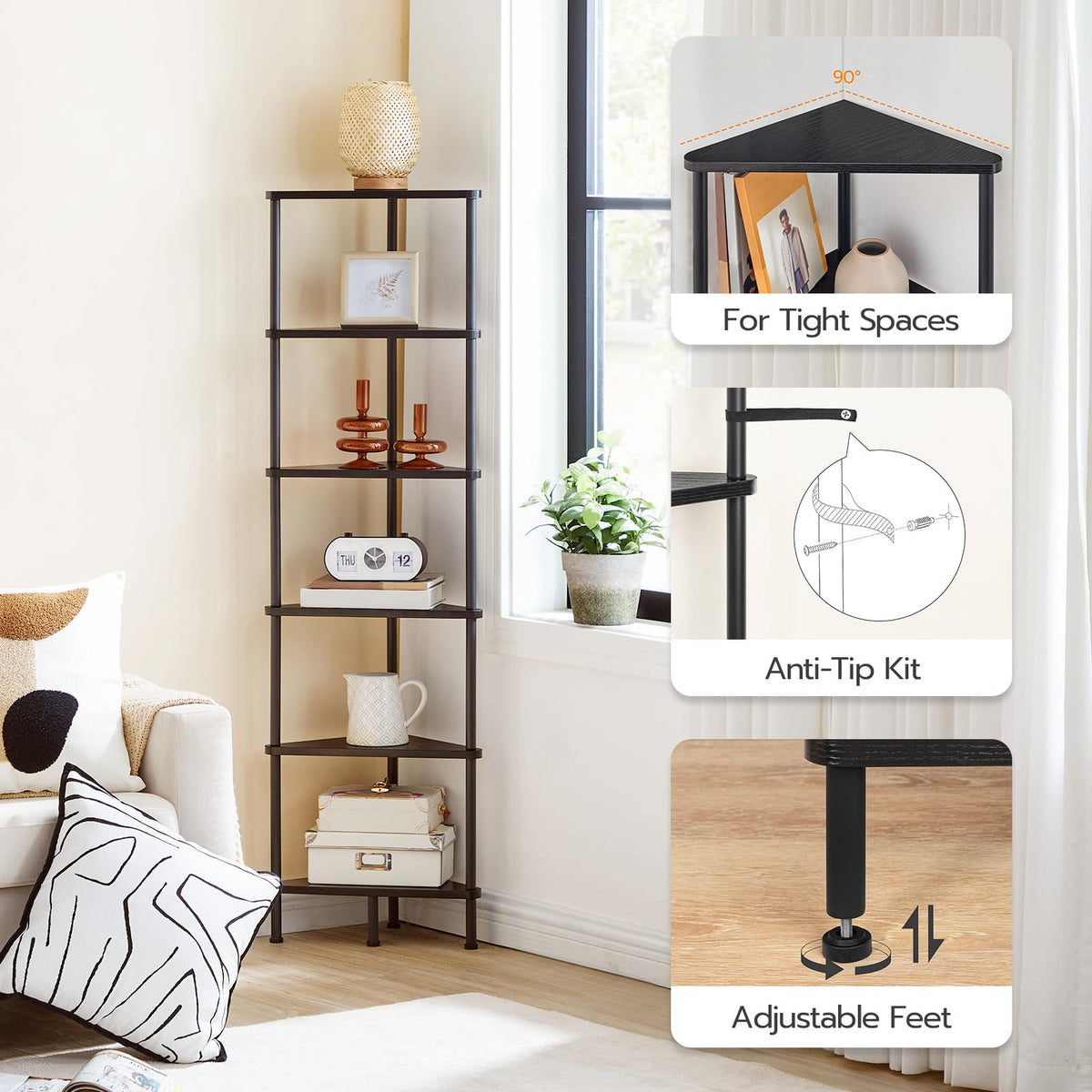 HOOBRO Corner Shelf Stand, Industrial 6-Tier Corner Bookshelf with Metal Frame, Bookcase, Plant Display Stand for Small Spaces, Living Room, Black BK36CJ01