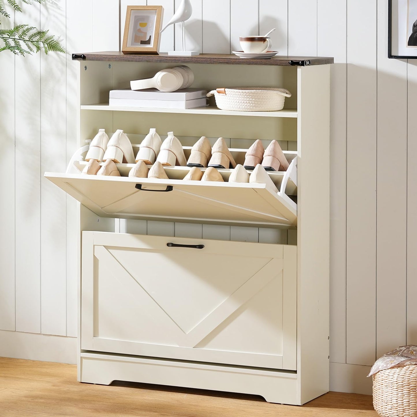 HOOBRO Warm White 31.5-inch Farmhouse Style Long Shoe Cabinet with 2 Flip-Top Drawers & Open Shelves & Adjustable Shelves