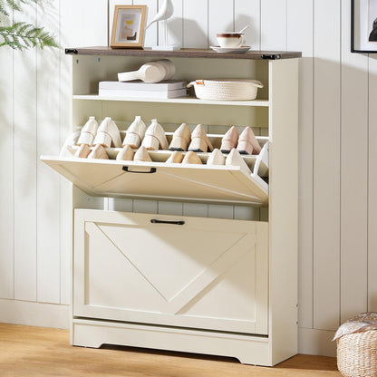 HOOBRO Warm White 31.5-inch Farmhouse Style Long Shoe Cabinet with 2 Flip-Top Drawers & Open Shelves & Adjustable Shelves