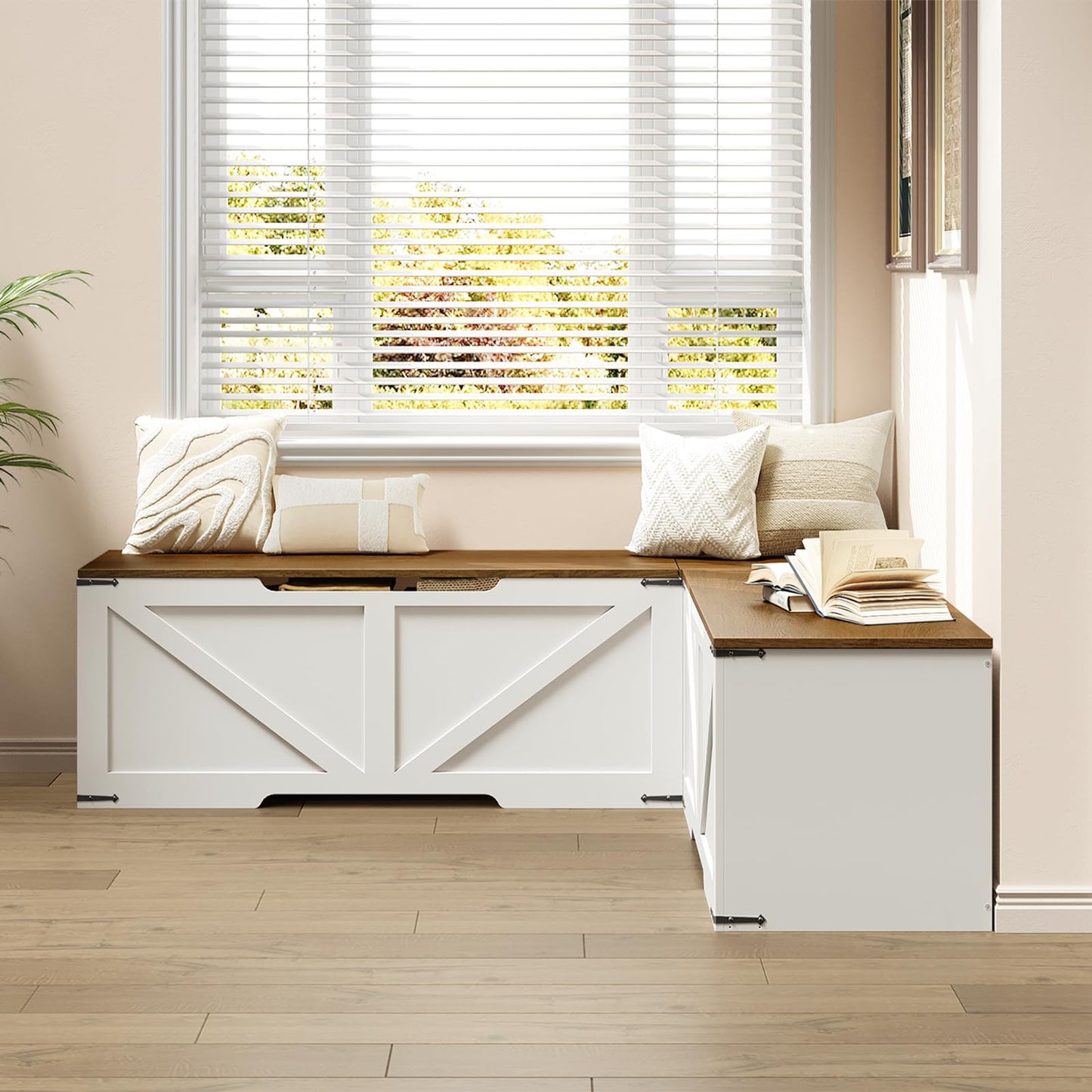 HOOBRO Farmhouse Style L Shape Kitchen Breakfast Nook Bench with 3 Compartments