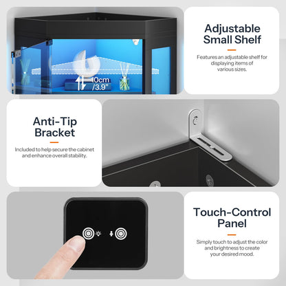 Product features including an adjustable small shelf, anti-tip bracket, and touch-control panel on a white background.