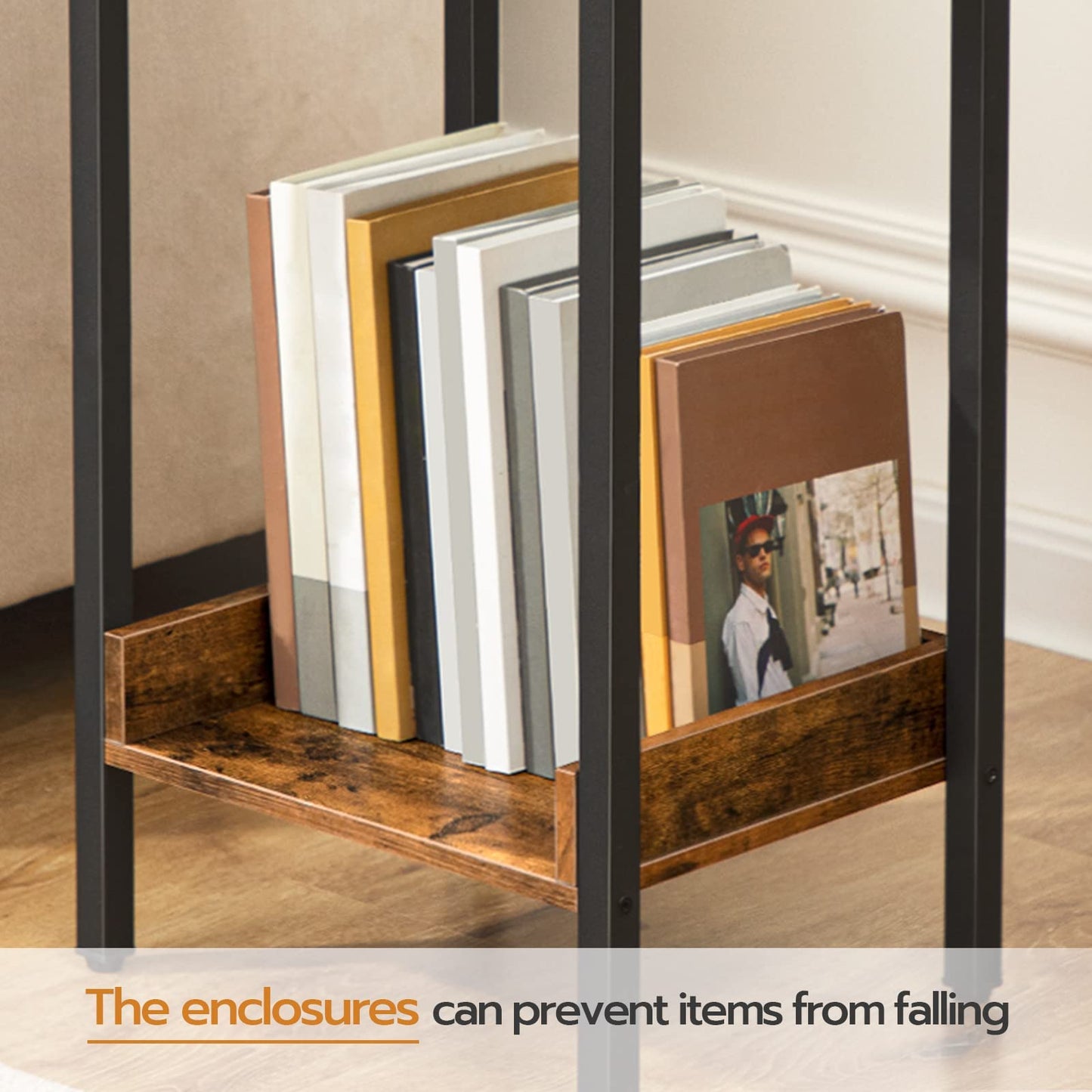 HOOBRO Retro Brown Industrial Style High Side Table with Drawers & Storage Shelves