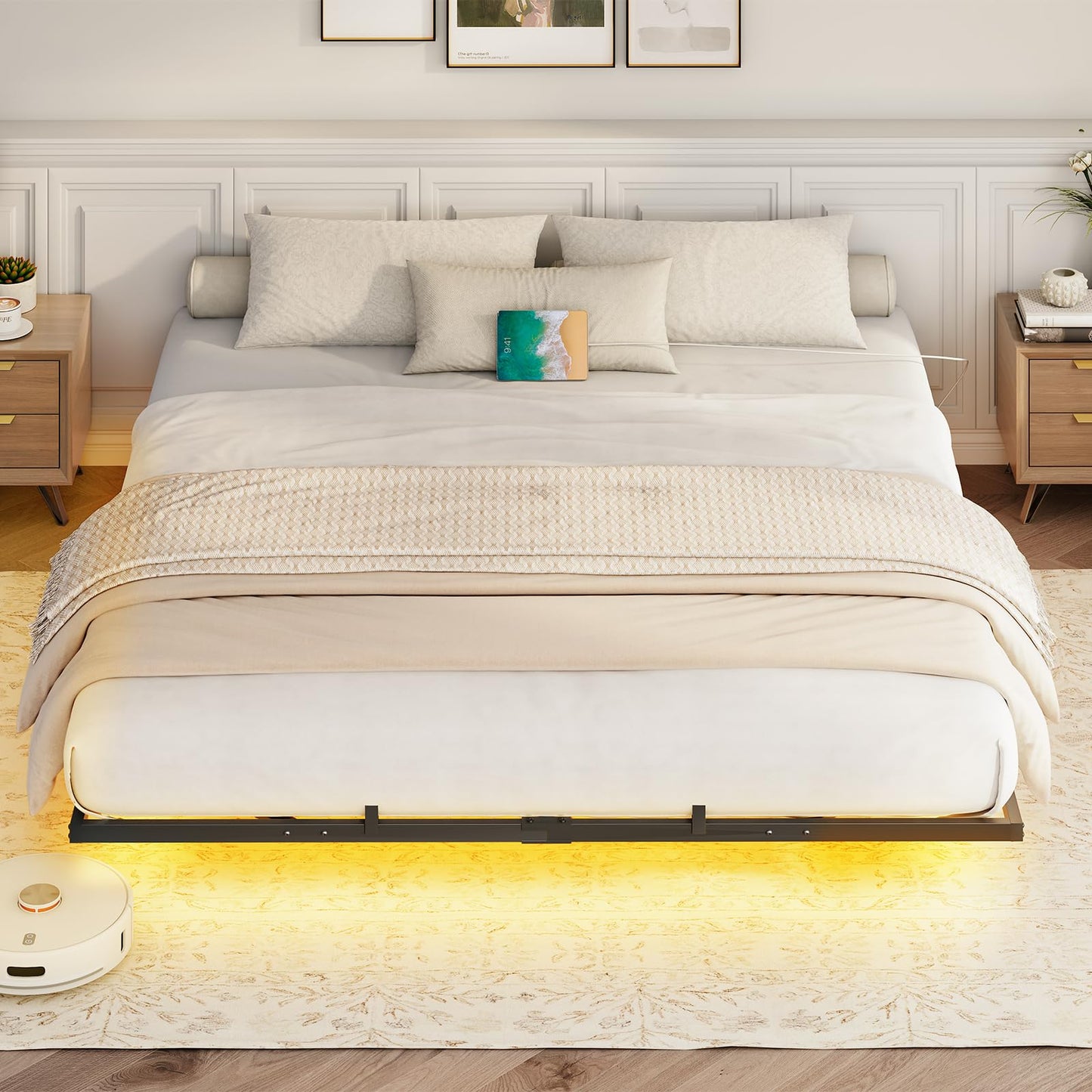 HOOBRO Black Industrial Style Metal Platform King-Size Suspended Bed Frame with Charging Station & LED Lights