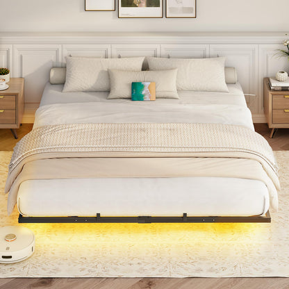 HOOBRO Black Industrial Style Metal Platform King-Size Suspended Bed Frame with Charging Station & LED Lights