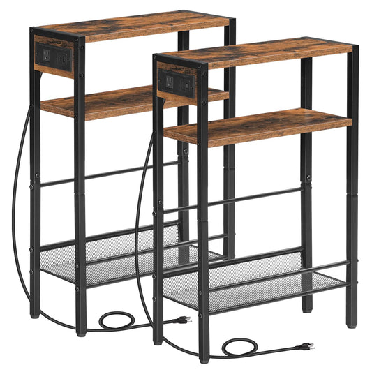 HOOBRO Small Narrow Side Table with Charging Station Set of 2, Skinny End Table for Small Spaces, Slim Nightstand with USB Ports Outlet, Sofa Beside Table with Storage Shelf BF102UBZP201