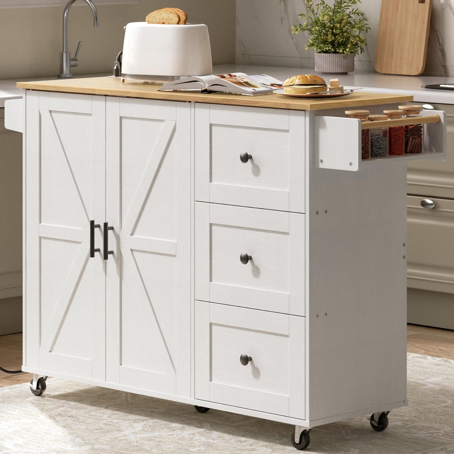 HOOBRO White Portable Kitchen Island with Power Outlet & Adjustable Shelves