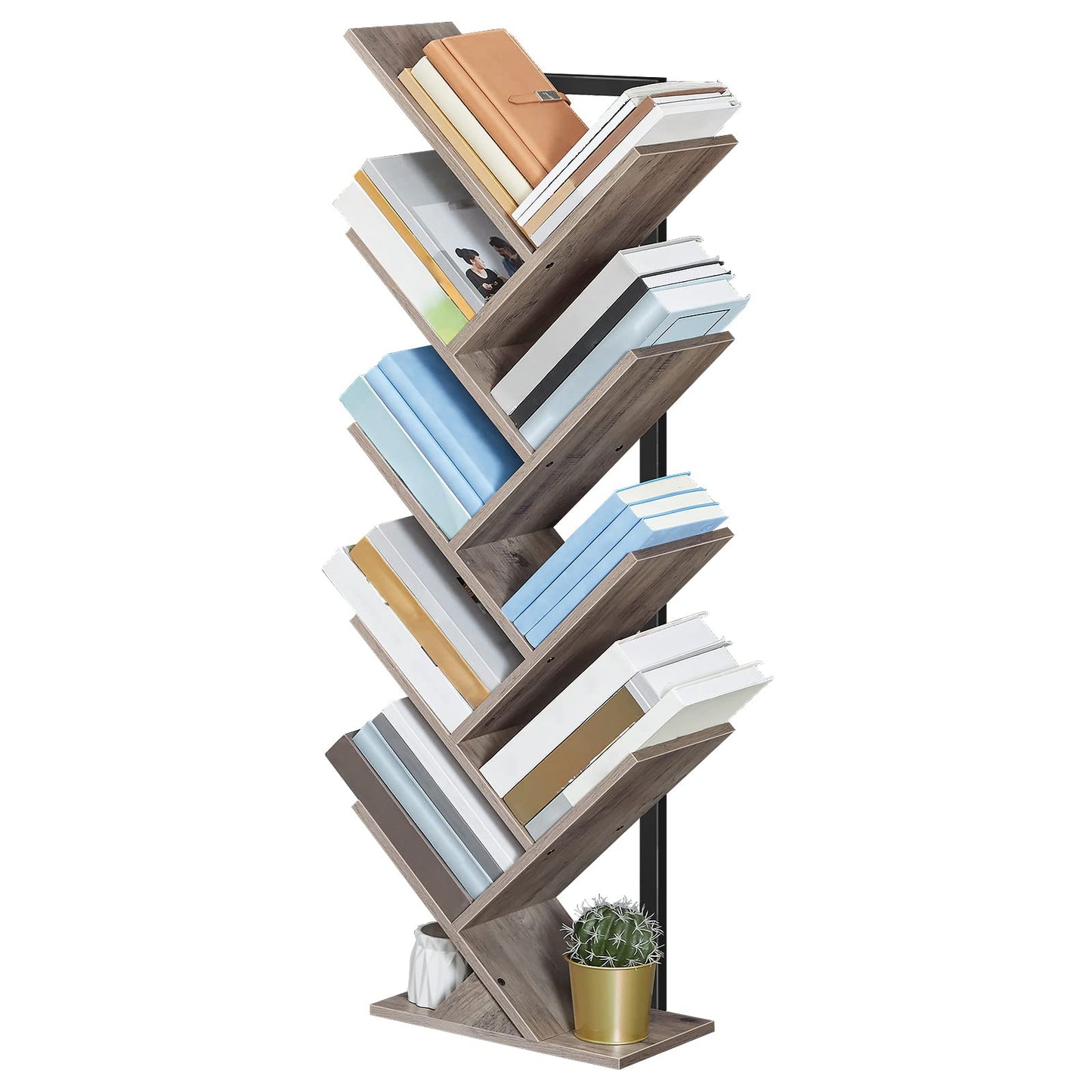 HOOBRO Greige 9-Tier Floor-Standing Wooden Tree-Shaped Bookshelf