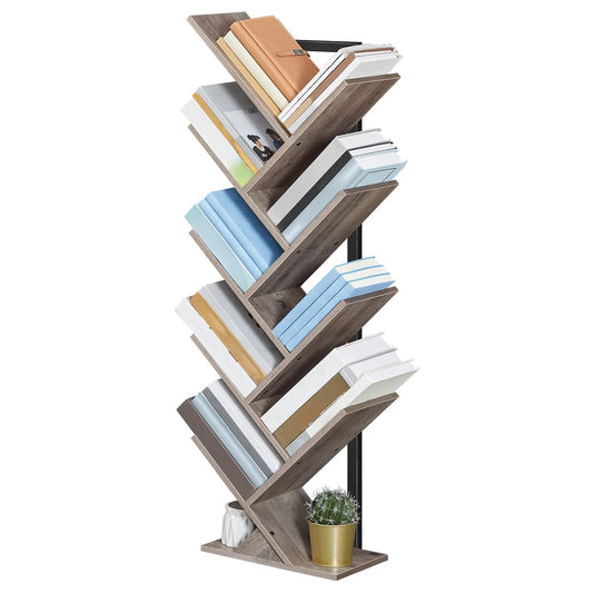 HOOBRO Greige 9-Tier Floor-Standing Wooden Tree-Shaped Bookshelf