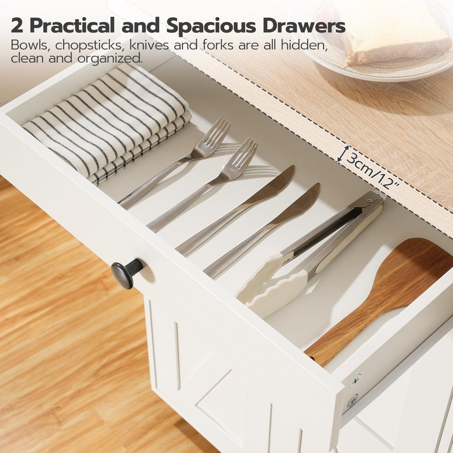 HOOBRO White 43.3-inch Portable Kitchen Island with Power Outlet & Storage & Spice Rack & Hooks