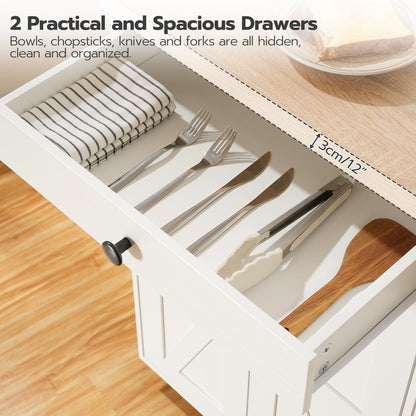 HOOBRO White 43.3-inch Portable Kitchen Island with Power Outlet & Storage & Spice Rack & Hooks