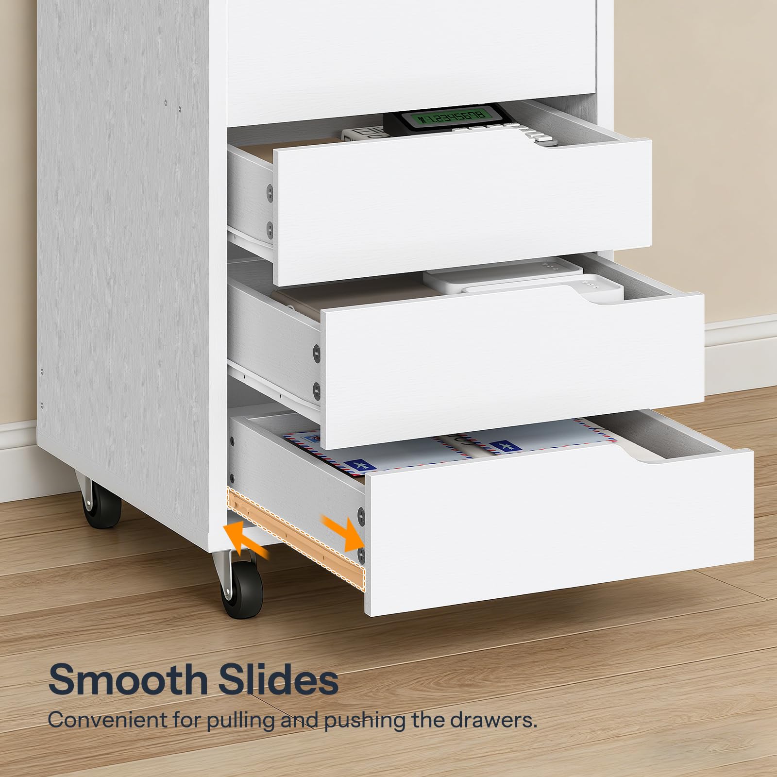 White rolling cart with open drawers on a wooden floor, featuring smooth slides.