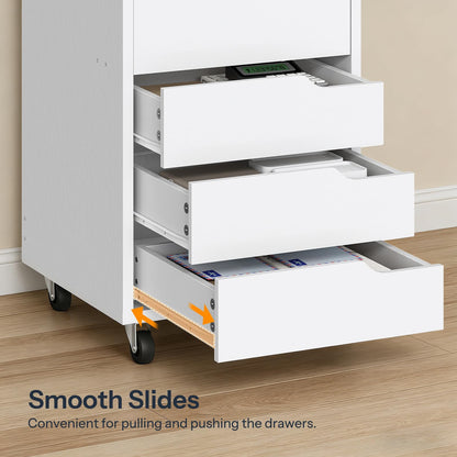 White rolling cart with open drawers on a wooden floor, featuring smooth slides.
