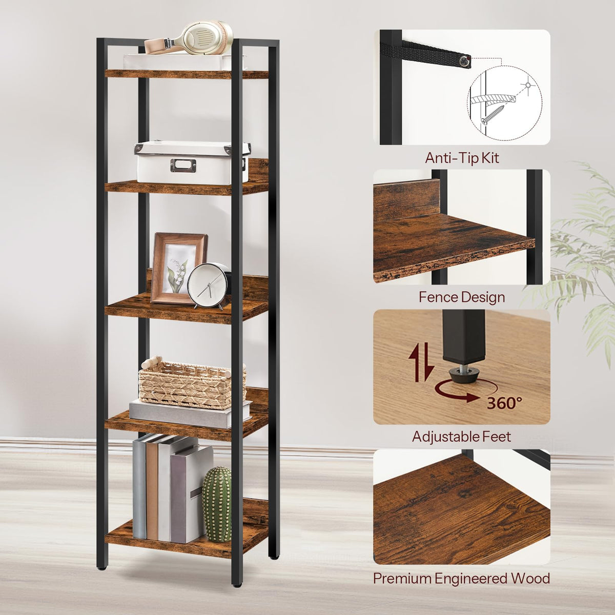 HOOBRO Bookshelf, 5-Tier Bookcase, Standing Book Shelf for Small Space, Storage Shelf Organizer, Rustic Brown and Black