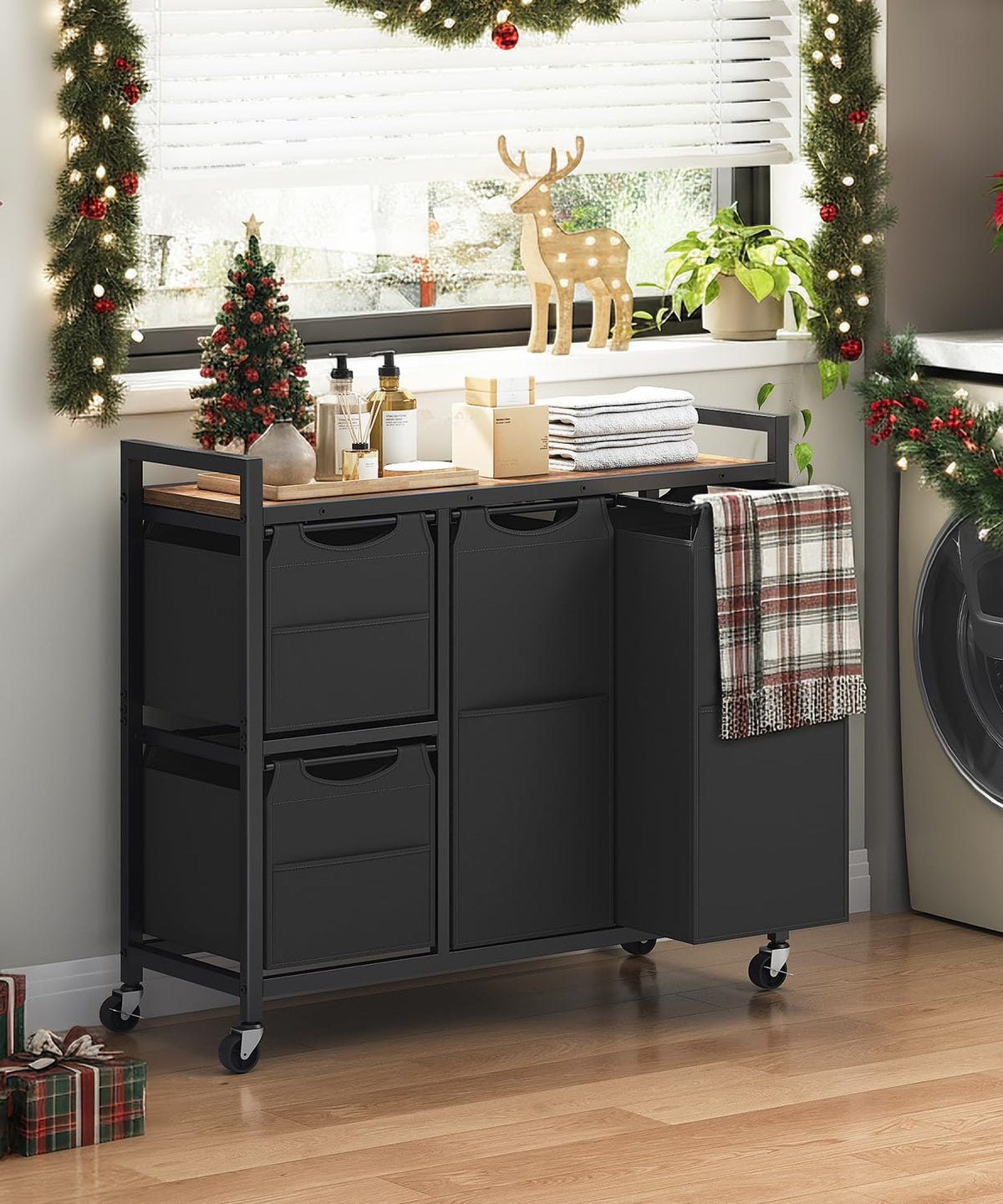 HOOBRO Laundry Sorter with 4 Section, 34 Gal. (127 L) Laundry Hamper with Wheels, Rolling Laundry Basket with Shelf, Pull-Out Detachable Bags, Side Pockets, Rustic Brown and Black BF14XY01N1