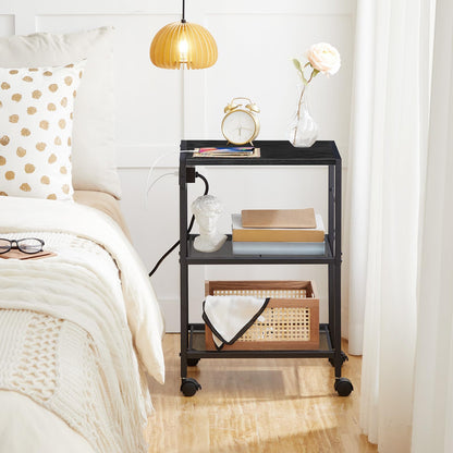 HOOBRO Black Industrial Style Three-Tier Movable Printer Stand with Wheels & Power Outlet & USB Port &2 Hooks