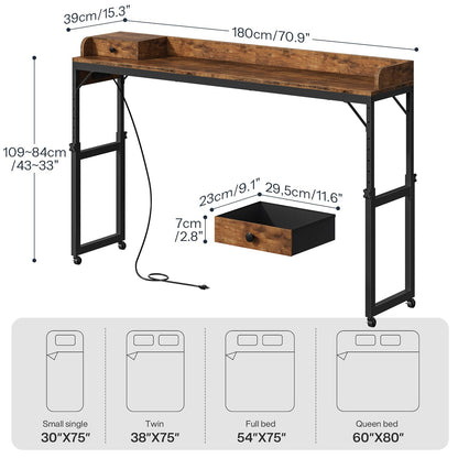 HOOBRO Height-Adjustable Bedside Table & Headboard Set with Wheels & Drawers & Charging Station