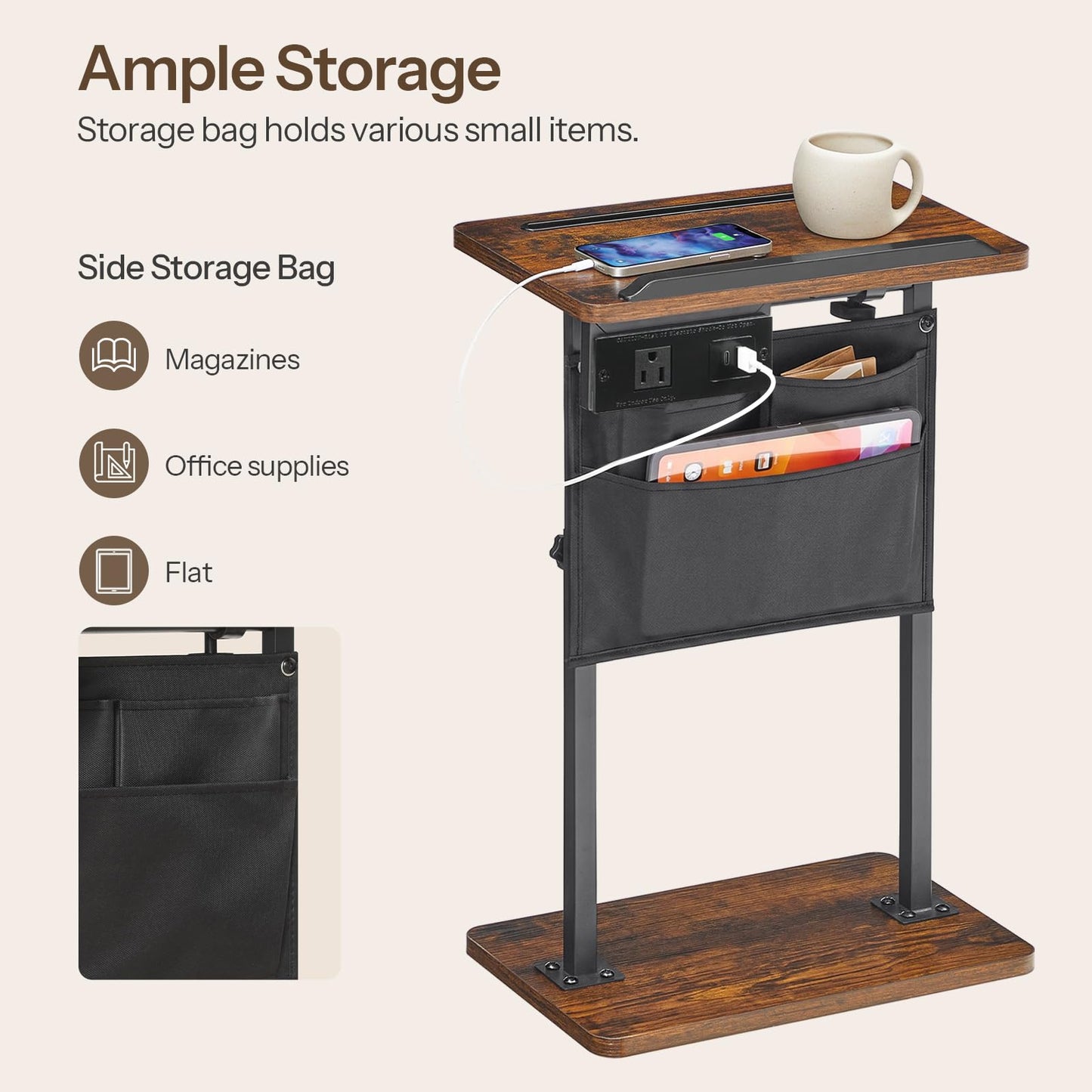 HOOBRO Side Table, Narrow End Table with Charging Station, Height Adjustable Side Table, Tiltable Surface, Storage Bag, Nightstand for Small Spaces, Living Room, Rustic Brown and Black BF435UBZ01
