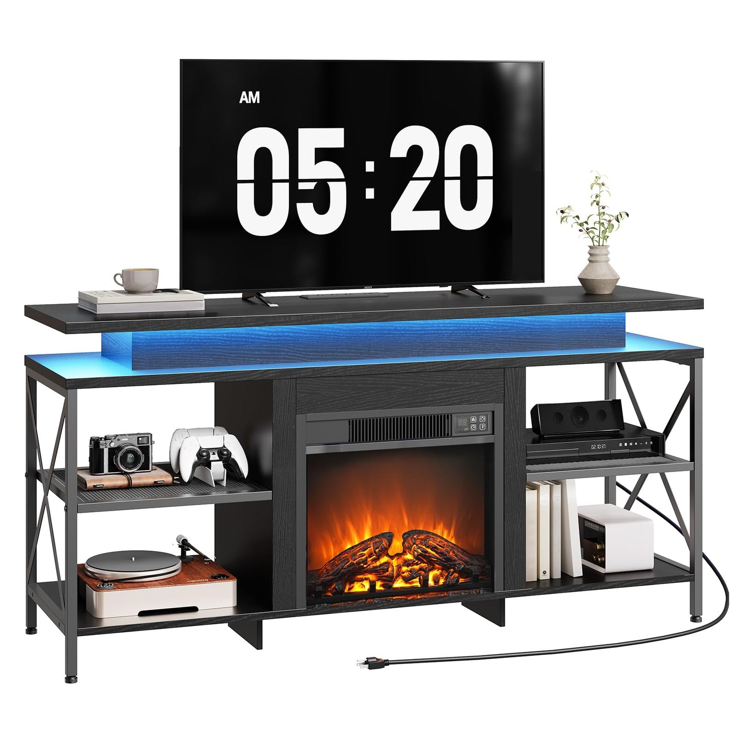TV stand with electric fireplace, shelves, and a digital clock display.