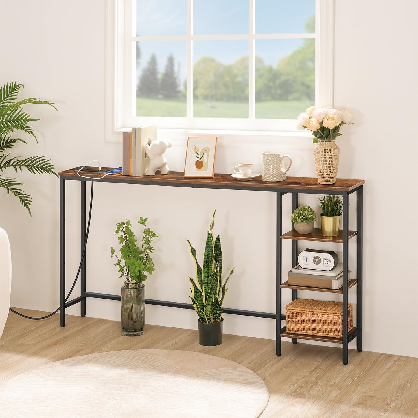 HOOBRO Retro Brown 63-inch Console Table with Power Outlet & Storage & Shelves