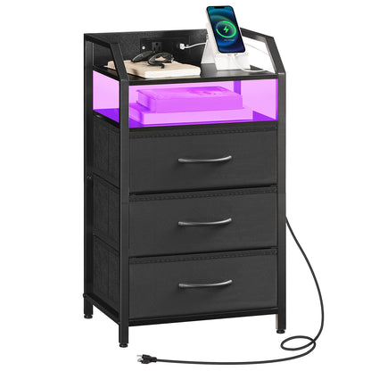HOOBRO Black Bedside Table with Charging Station: Features 1 AC power outlet & 1 USB port & 1 Type-C port & LED light strip