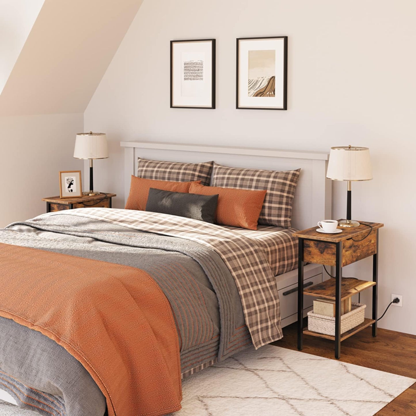 HOOBRO Retro Brown Flip-Top Narrow Side Table with USB Port/Socket/Shelf