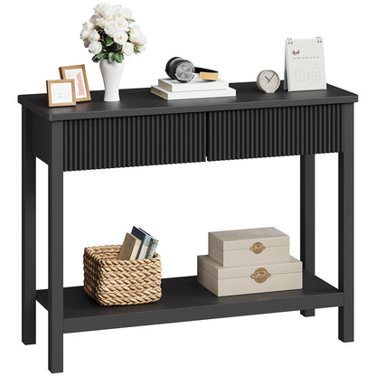 HOOBRO 39.4-inch Black Double-Layer Roughside Table with 2 Drawers & Storage Shelf