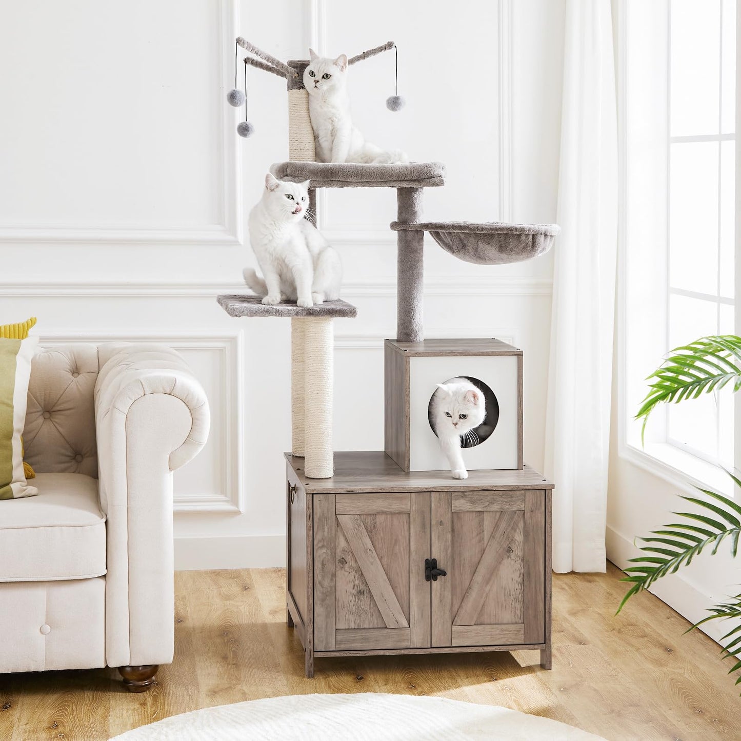 HOOBRO Greige Wooden Concealed Cat Tree Tower with Litter Box Enclosure & Scratching Post