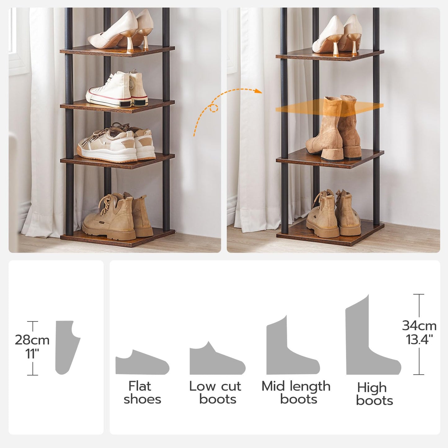 HOOBRO Retro Brown 8-Tier Standing Shoe Rack