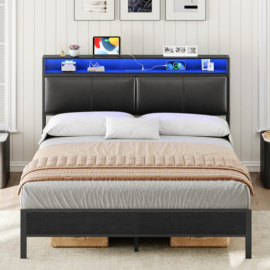 HOOBRO Queen Metal Bed Frame with LED Lights & Headboard Shelves