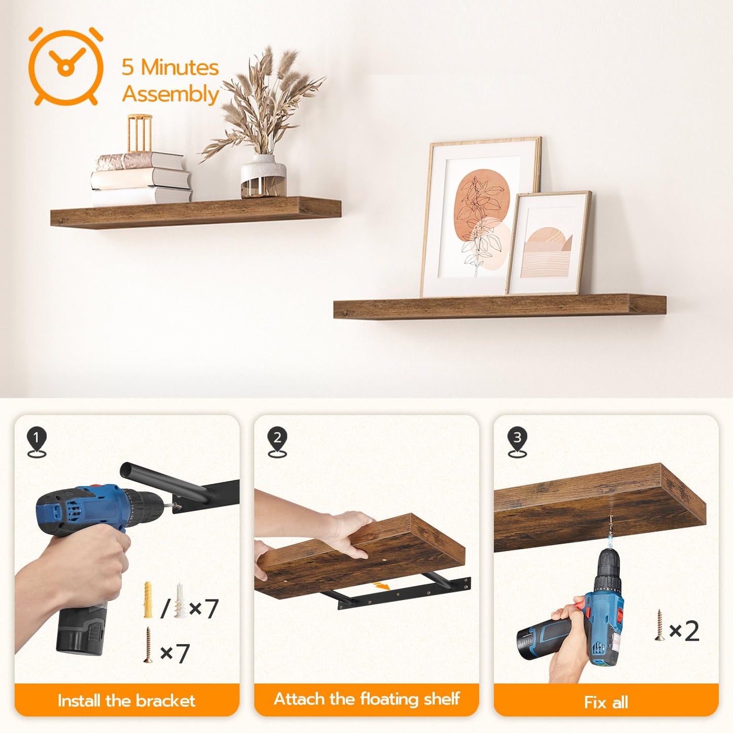 HOOBRO Retro Brown 31.5-inch Wall-Mounted Shelf Set with Concealed Bracket / 2PICS
