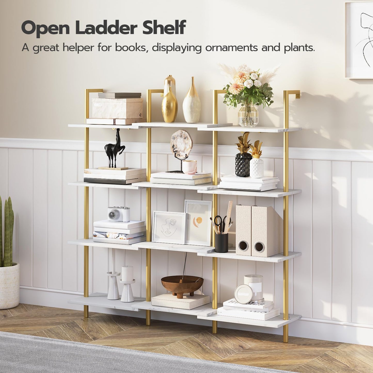 Open ladder shelf with decorative items against a white wall.