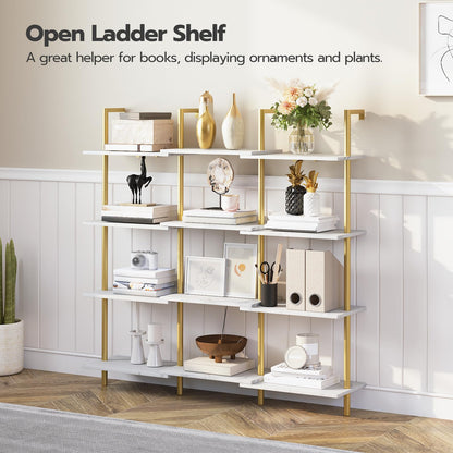 Open ladder shelf with decorative items against a white wall.