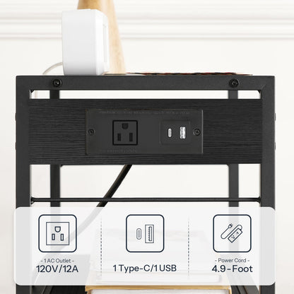 HOOBRO Black Industrial Style Three-Tier Movable Printer Stand with Wheels & Power Outlet & USB Port &2 Hooks