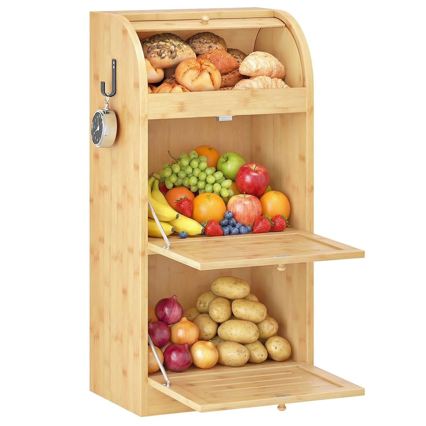 HOOBRO 3-Tier Bamboo Kitchen  Organizer Potato Storage Bin