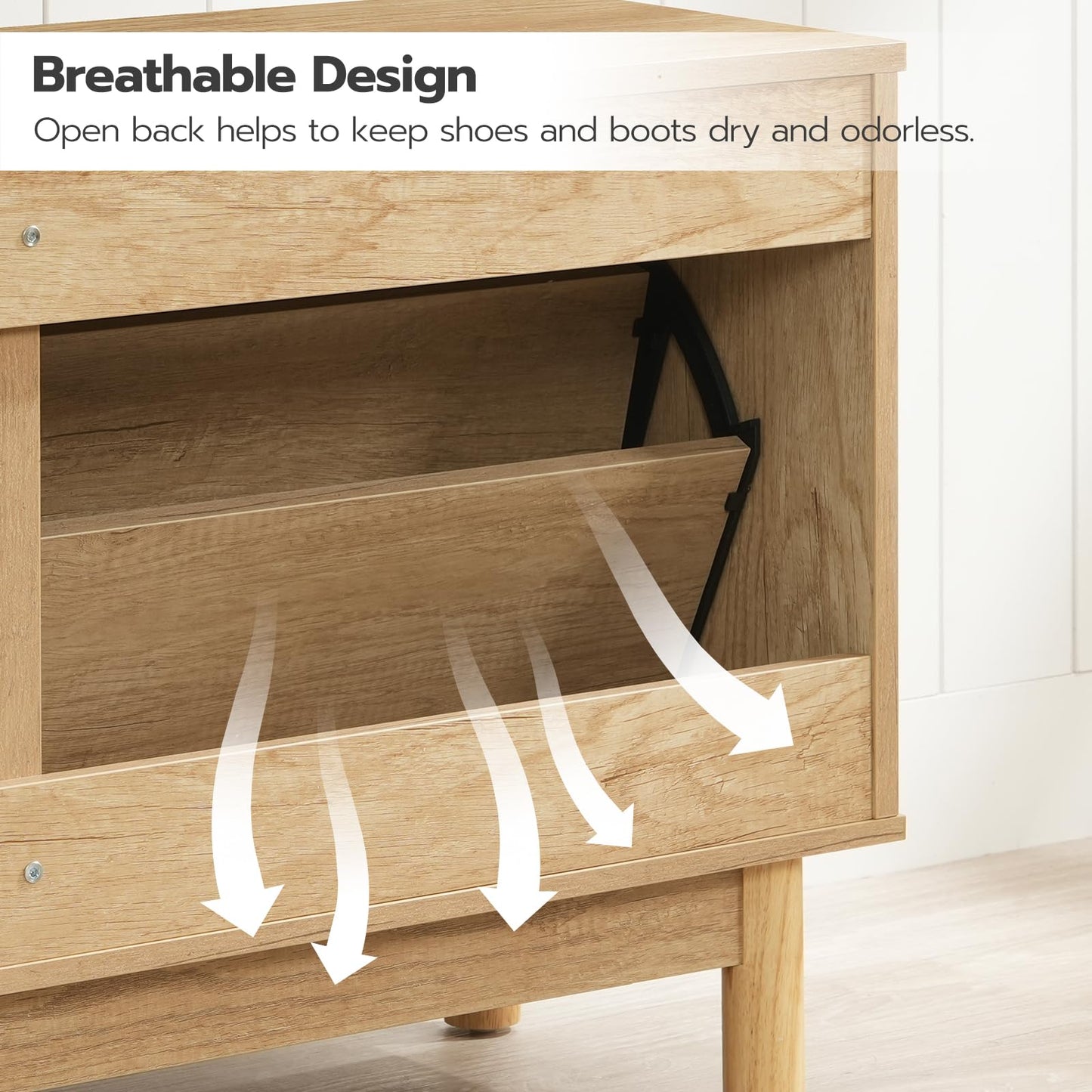 HOOBRO Natural Wooden Rattan Style Shoe Cabinet Bench with Flip-Top Drawers