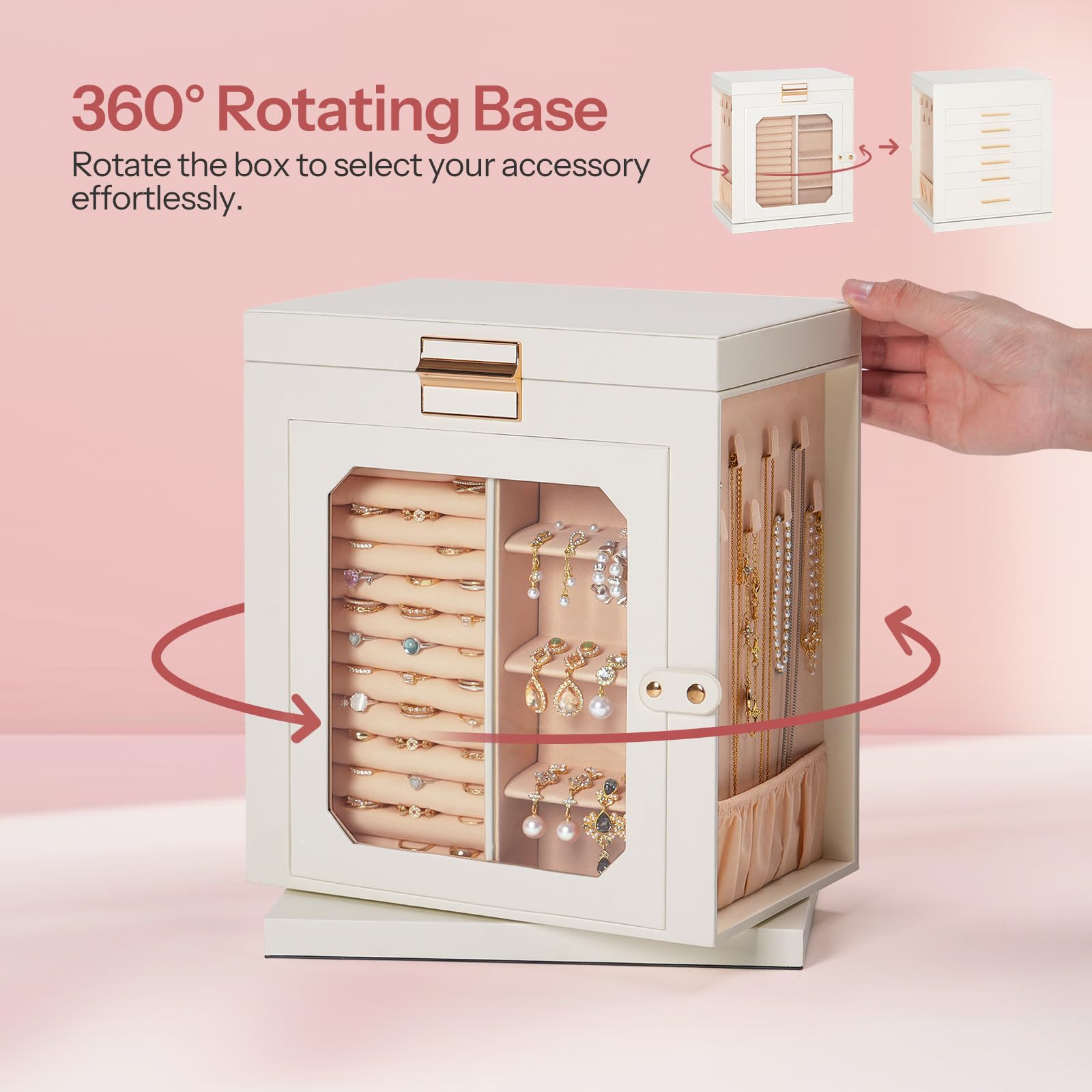 HOOBRO 360° Rotating Jewelry Organizer Box with Mirror & 6-Drawer