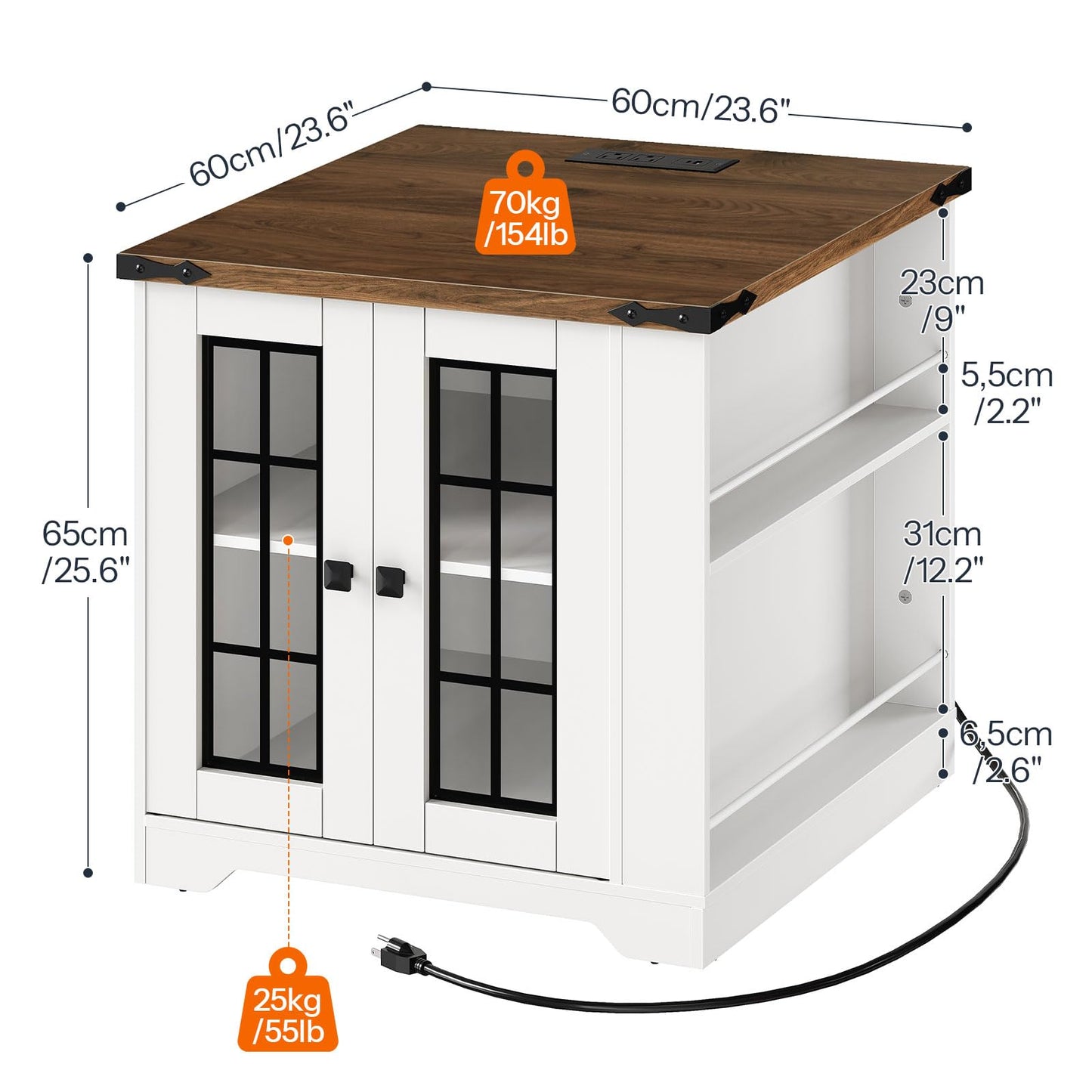 HOOBRO White Farmhouse Style 23.6-inch Large Side Table with Charging Station & Side Shelf