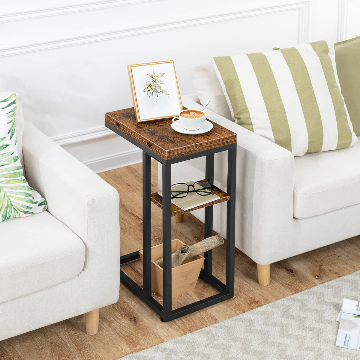 HOOBRO Foldable C Shaped End Table, C Shaped Side Table with Storage Shelf, Slide Under Couch Table for Sofa, Small Spaces, for Living Room, Bedroom, Easy Assembly, Rustic Brown BF29SF01