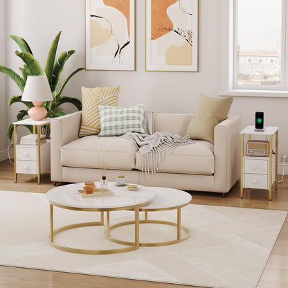 HOOBRO End Table with Charging Station, Narrow Side Table with 2 Drawer & USB Port & Power Outlets, Nightstand for Small Spaces, Stable and Sturdy, for Living Room, Bedroom, Gold and White DW541BZ01