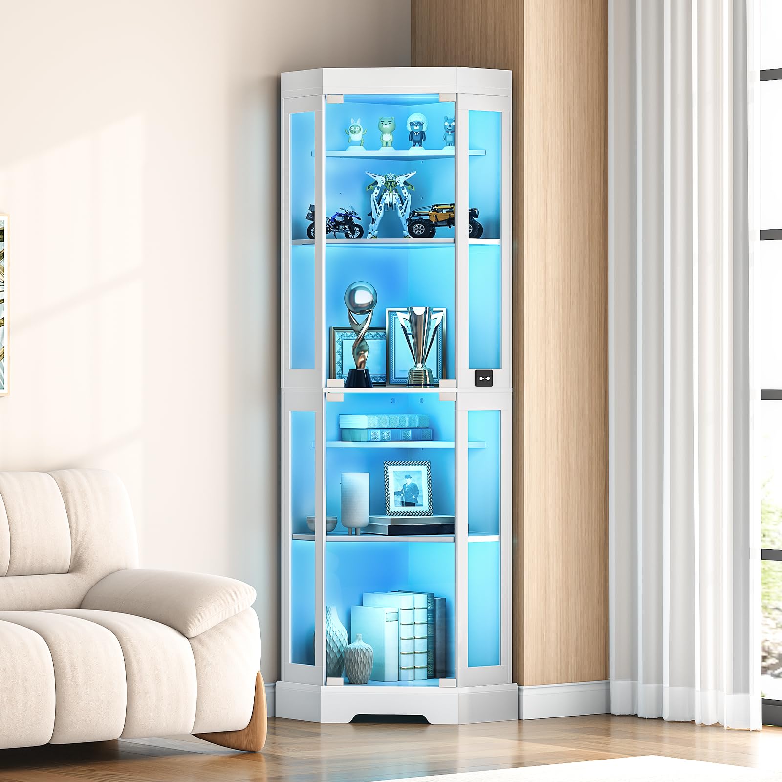 Corner display cabinet with blue LED lighting in a living room setting