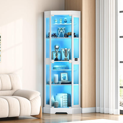 Corner display cabinet with blue LED lighting in a living room setting