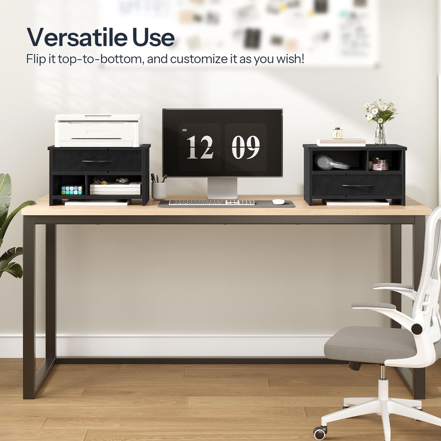 HOOBRO Black Wooden Desktop Printer Stand with Drawer