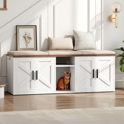 HOOBRO White Double-Layer Concealed Litter Box Cabinet with Aisle & Storage Shelves & Hooks