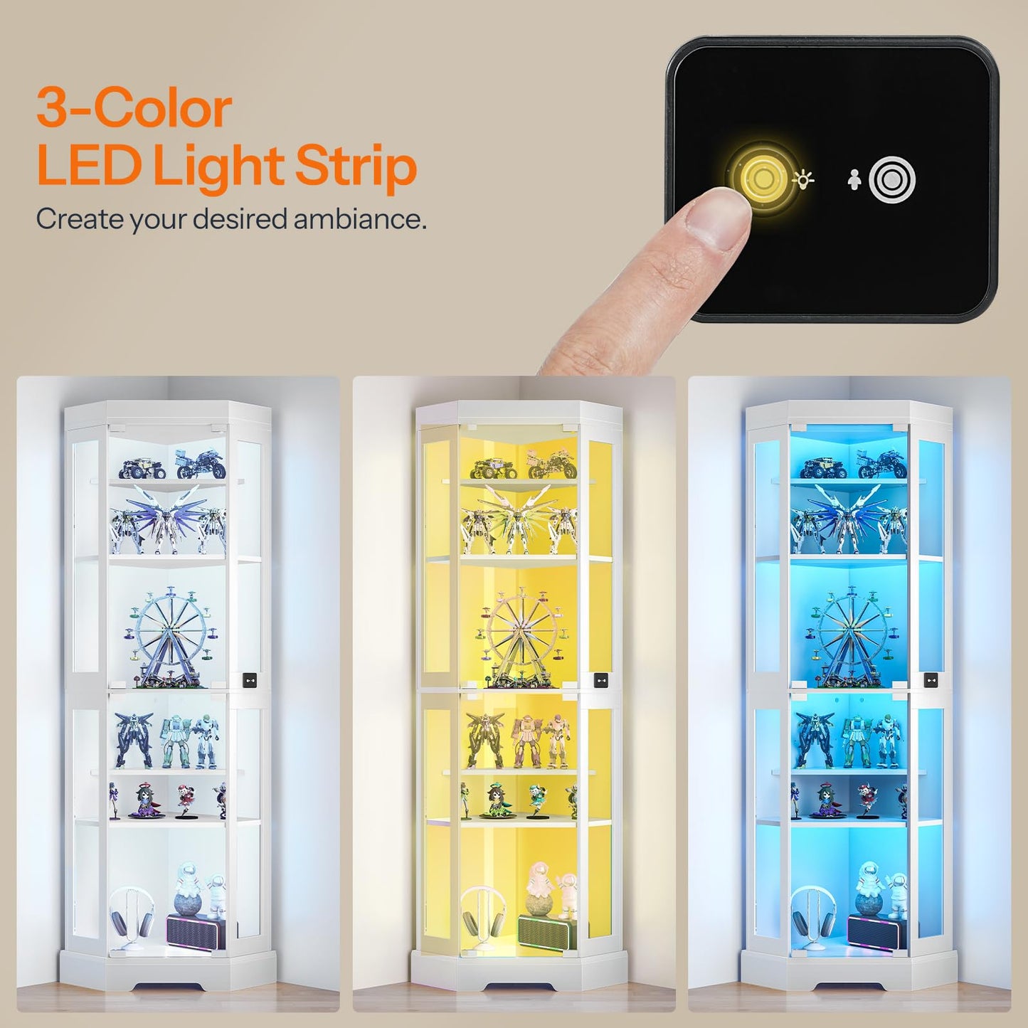 Smart light strip controller with three different color options displayed on shelves.