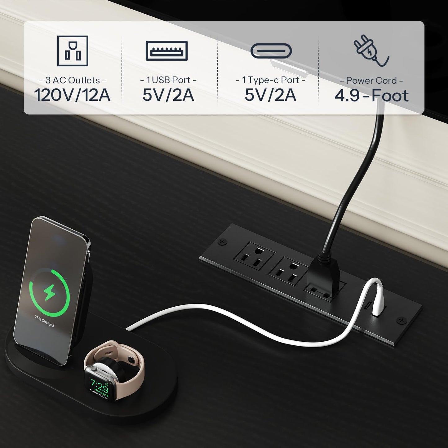 Power strip with multiple outlets and ports, charging a smartphone and smartwatch on a dark surface.