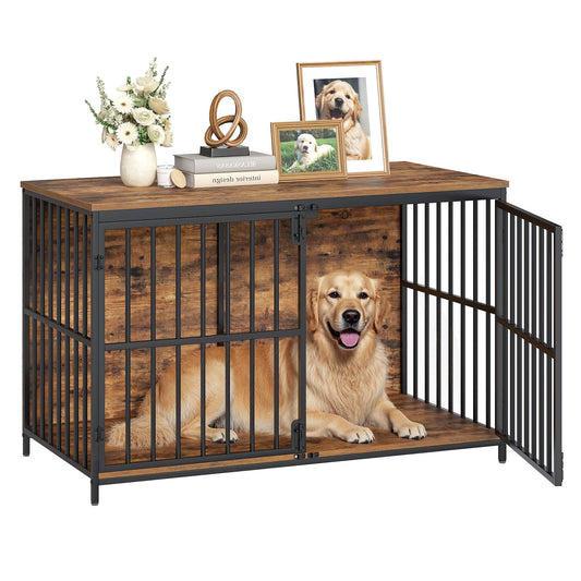 HOOBRO Vintage Brown 46.5-inch Wooden Large Dog Cage with Decorative Side Table